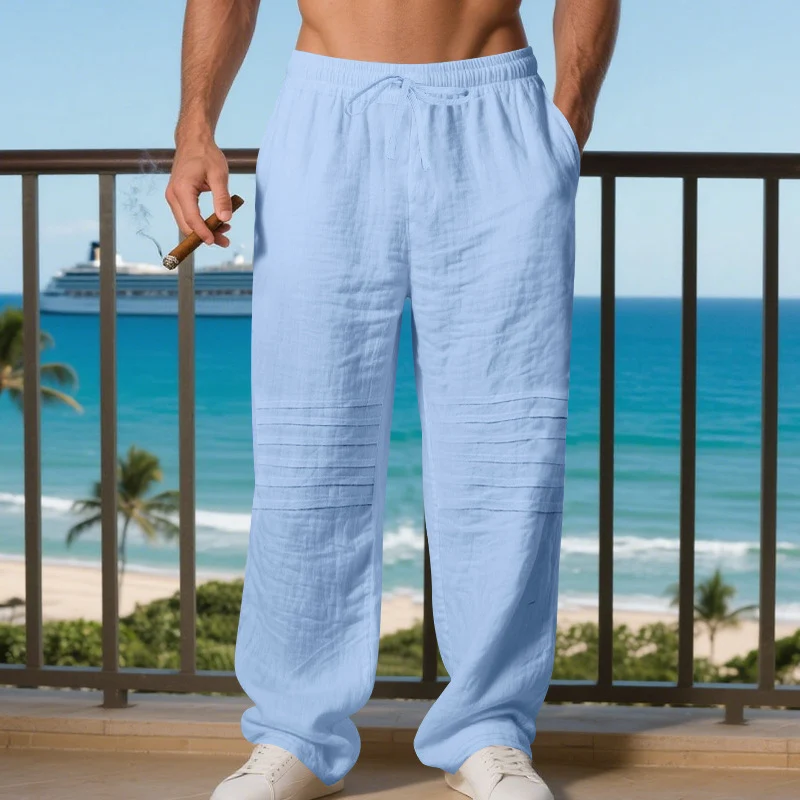 Herren nan lockere Leinen-Jogginghose mit elastischem Tunnelzugbund, Seitentaschen und abgesteppten Kniepartien Drune