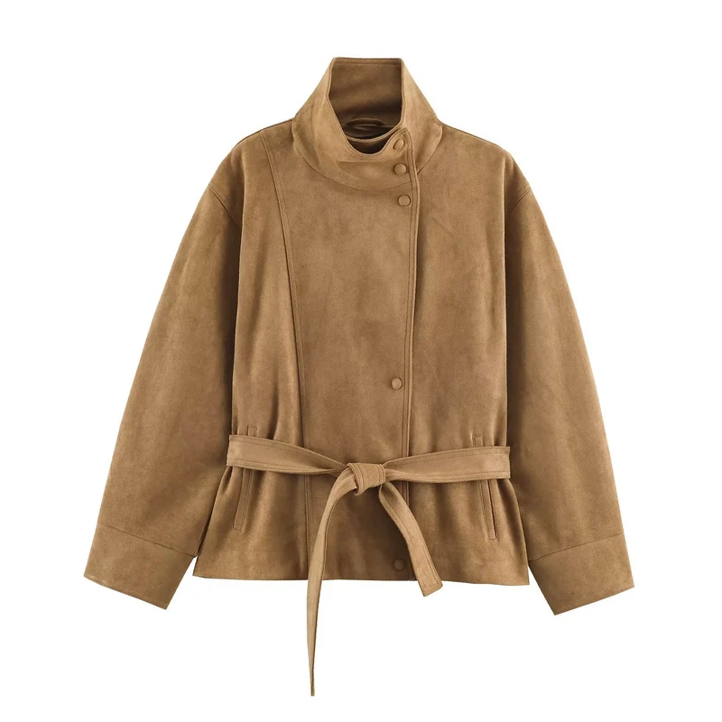 Damen Kurzjacke aus Velourslederoptik mit Stehkragen und Bindegürtel Drune