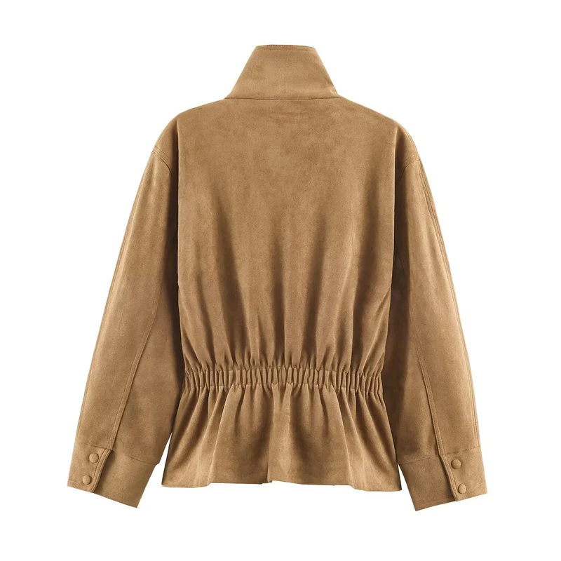 Damen Kurzjacke aus Velourslederoptik mit Stehkragen und Bindegürtel Drune
