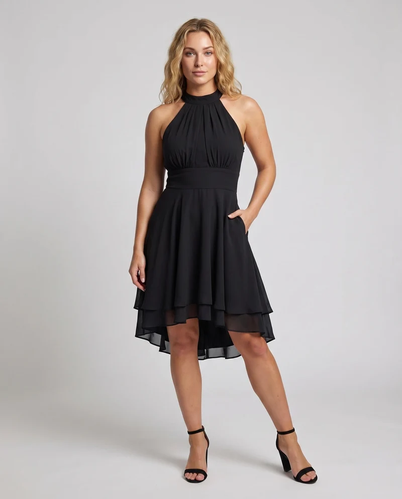 Damen Neckholder-Kleid Chiffon-Volant Stufensaum