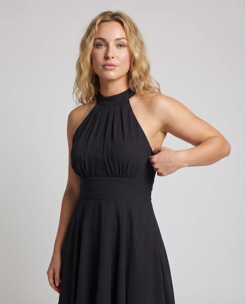 Damen Neckholder-Kleid Chiffon-Volant Stufensaum