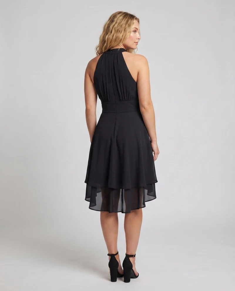 Damen Neckholder-Kleid Chiffon-Volant Stufensaum