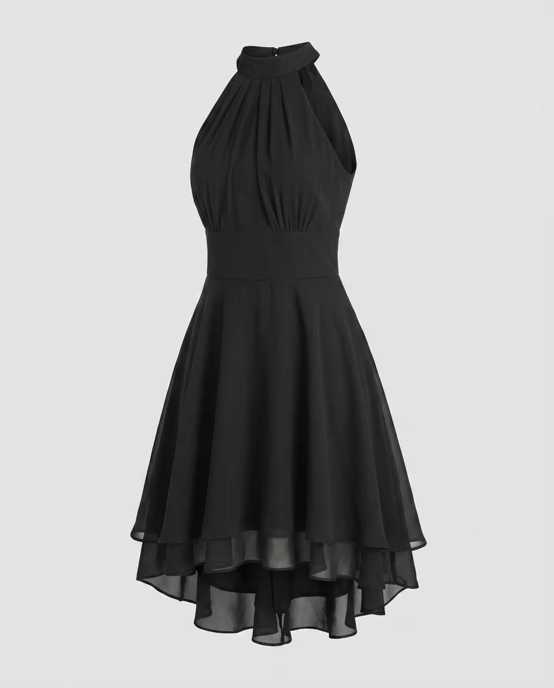 Damen Neckholder-Kleid Chiffon-Volant Stufensaum