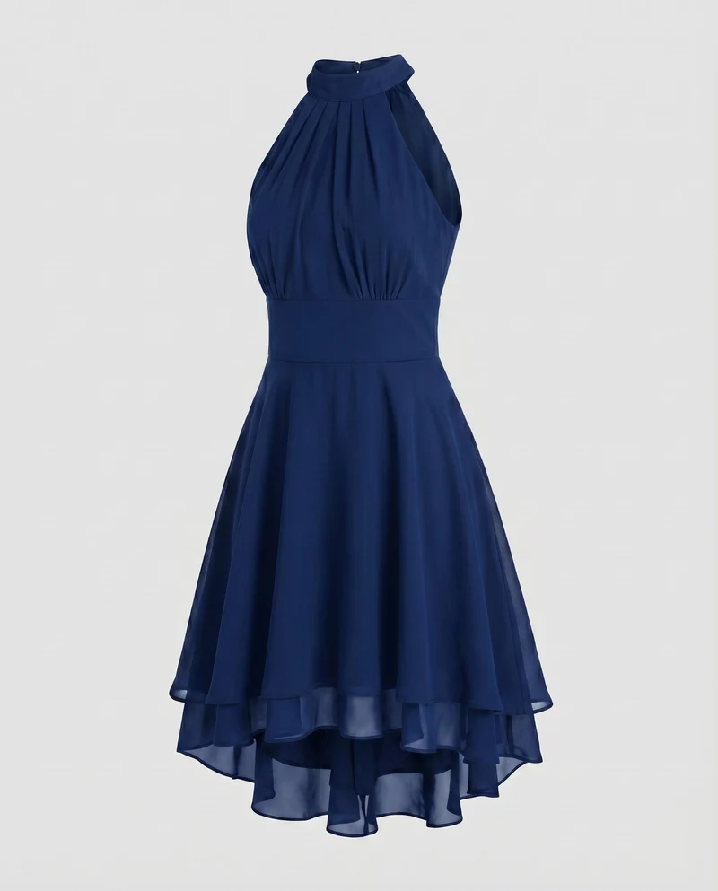 Damen Neckholder-Kleid Chiffon-Volant Stufensaum