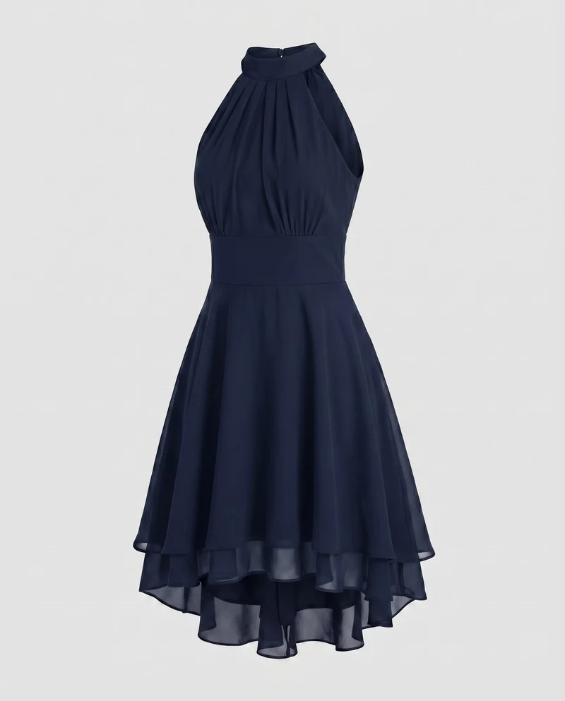 Damen Neckholder-Kleid Chiffon-Volant Stufensaum