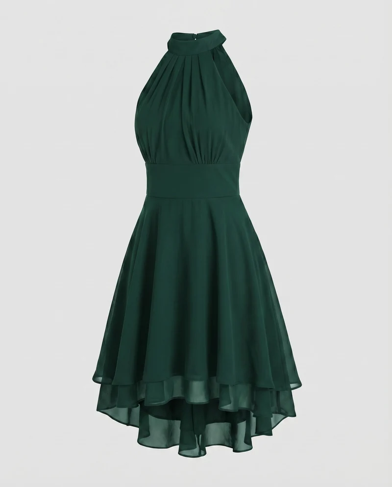 Damen Neckholder-Kleid Chiffon-Volant Stufensaum