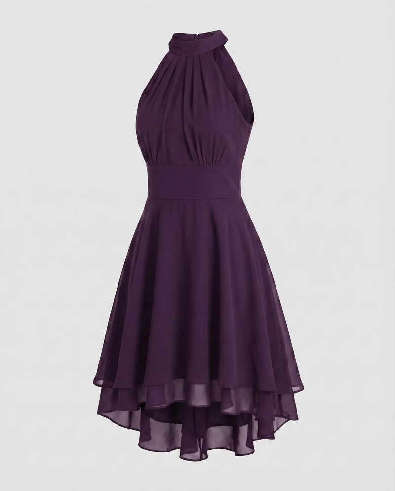 Damen Neckholder-Kleid Chiffon-Volant Stufensaum