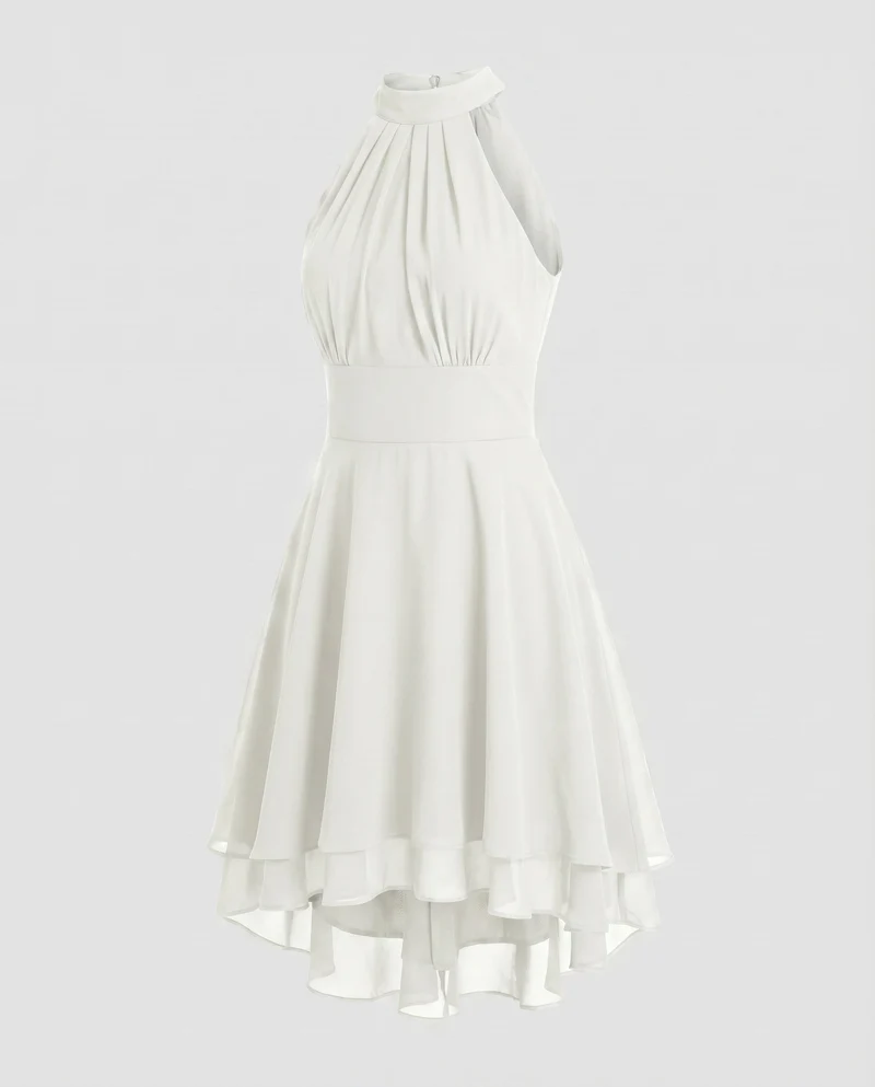 Damen Neckholder-Kleid Chiffon-Volant Stufensaum
