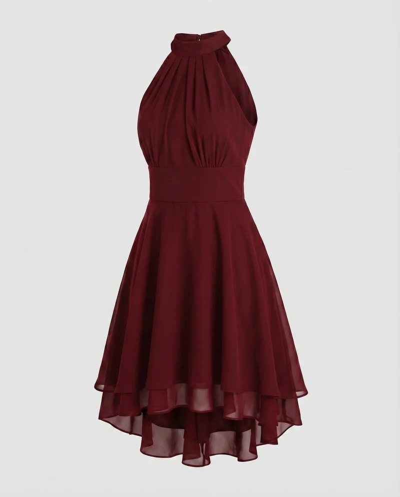 Damen Neckholder-Kleid Chiffon-Volant Stufensaum