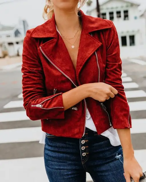 Suede Vintage Einfarbig Jacke