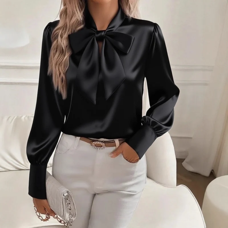 Damen elegante Satinbluse mit Schleifenkragen und Puffärmeln Drune