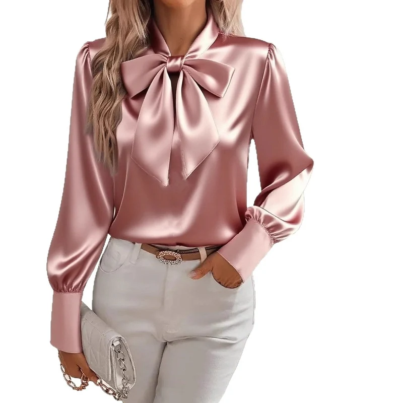 Damen elegante Satinbluse mit Schleifenkragen und Puffärmeln Drune