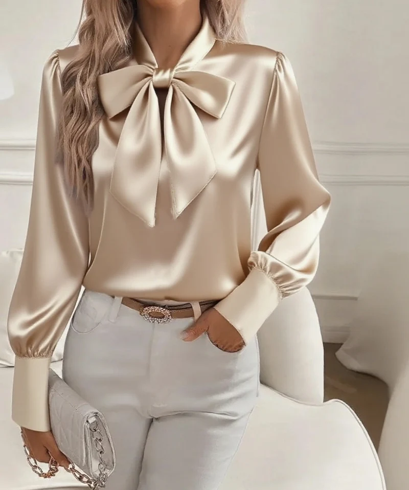 Damen elegante Satinbluse mit Schleifenkragen und Puffärmeln Drune