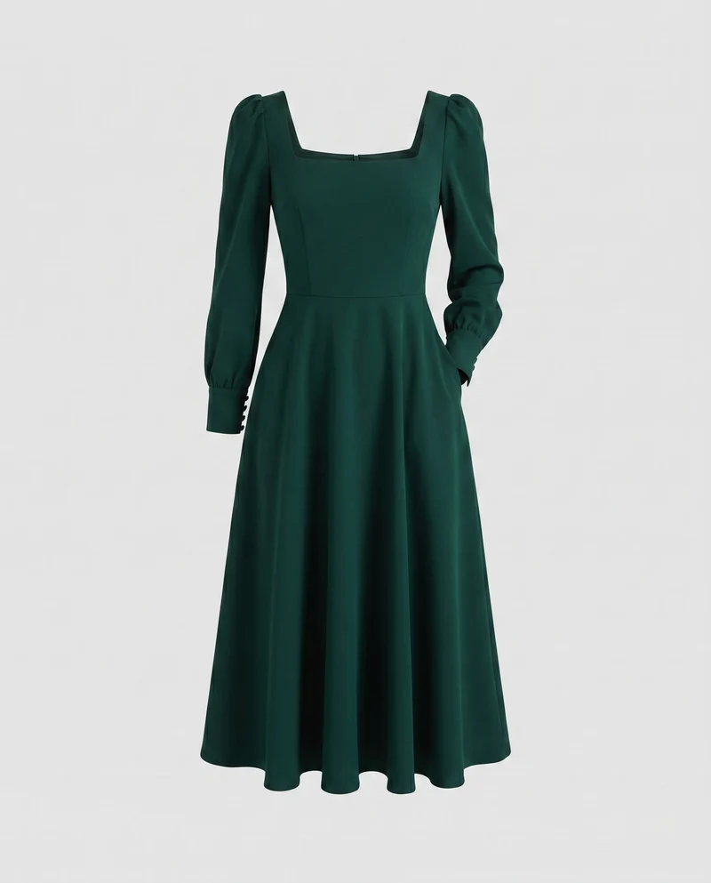 Damen Midi-Kleid mit schickem Quadrat-Ausschnitt und Puffärmeln