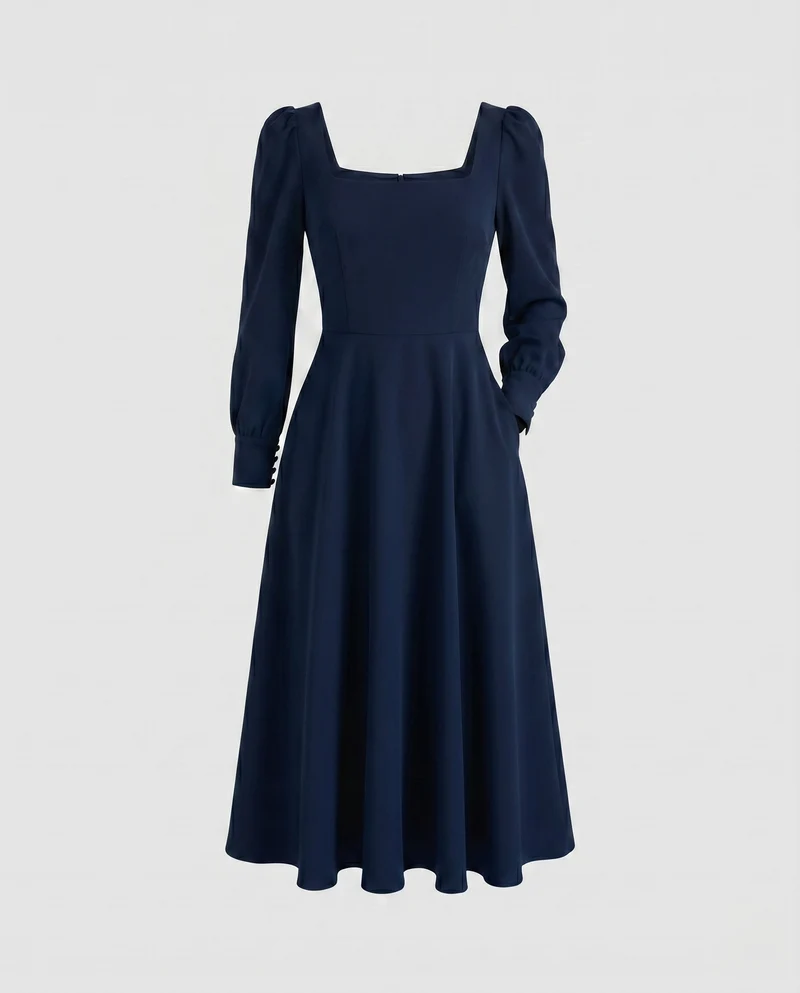 Damen Midi-Kleid mit schickem Quadrat-Ausschnitt und Puffärmeln