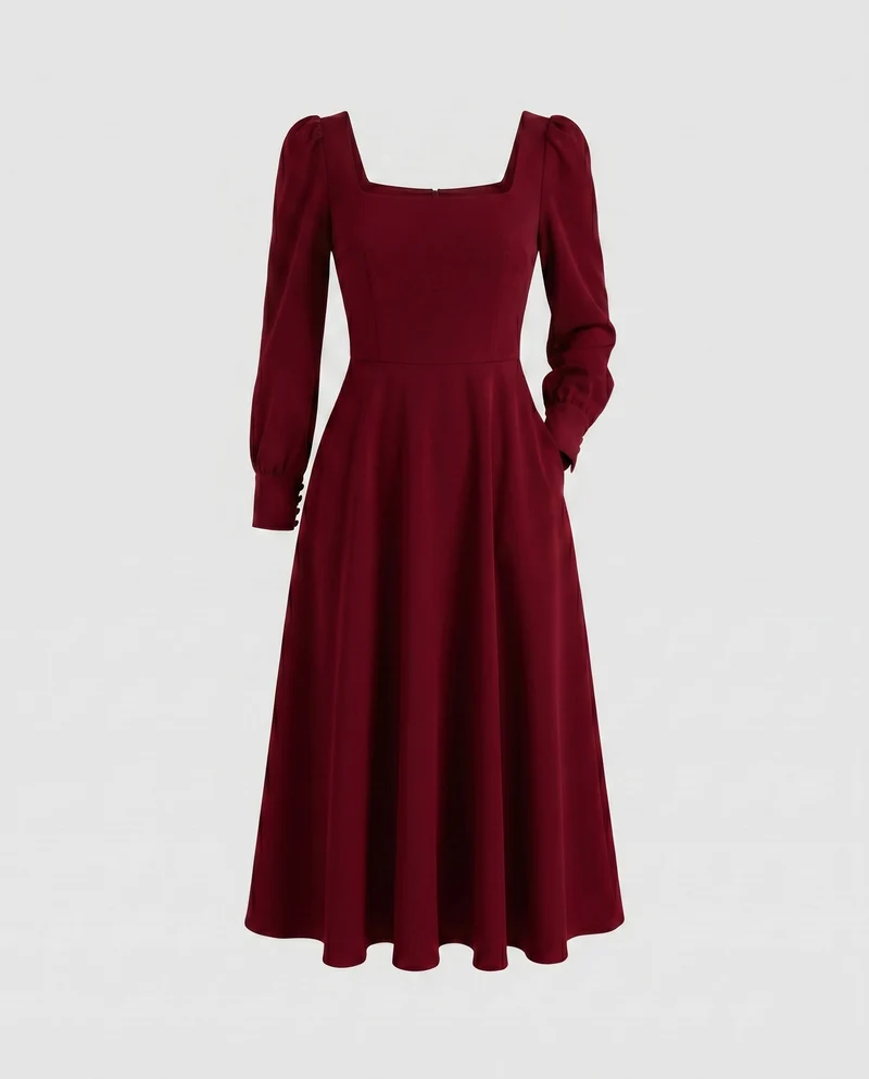 Damen Midi-Kleid mit schickem Quadrat-Ausschnitt und Puffärmeln