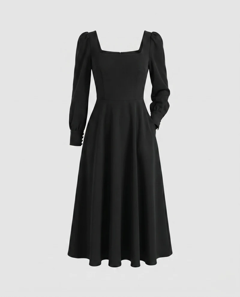 Damen Midi-Kleid mit schickem Quadrat-Ausschnitt und Puffärmeln