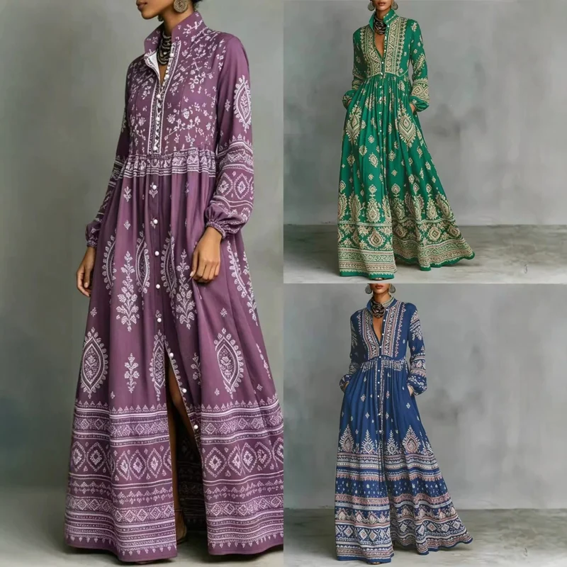Damen Boho-Maxi-Hemdkleid mit Stickbordüren, hoher Stehkragen und Taschen Drune