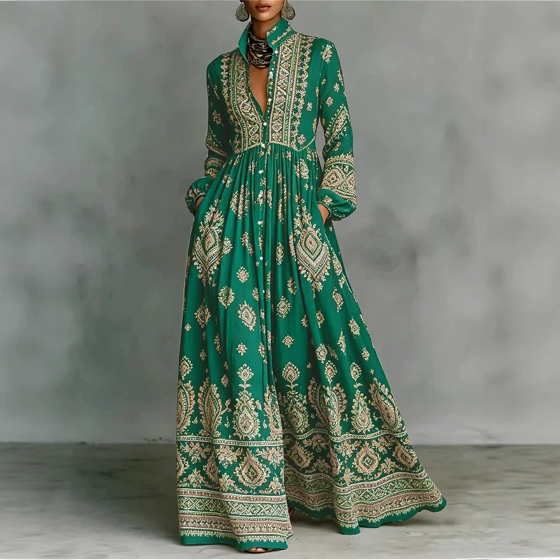 Damen Boho-Maxi-Hemdkleid mit Stickbordüren, hoher Stehkragen und Taschen Drune