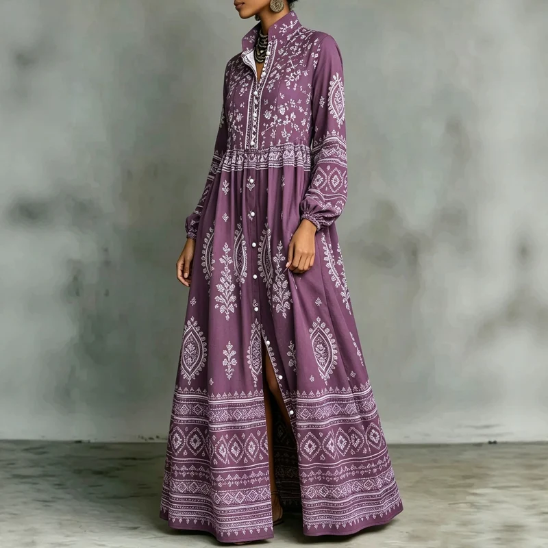 Damen Boho-Maxi-Hemdkleid mit Stickbordüren, hoher Stehkragen und Taschen Drune