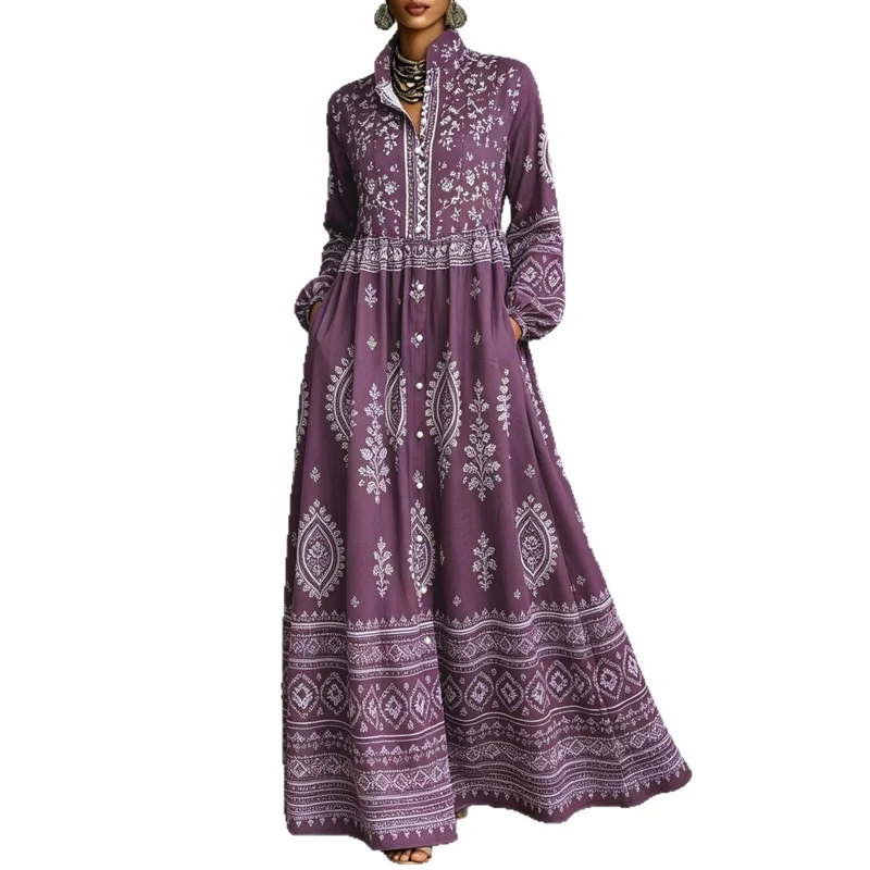 Damen Boho-Maxi-Hemdkleid mit Stickbordüren, hoher Stehkragen und Taschen Drune