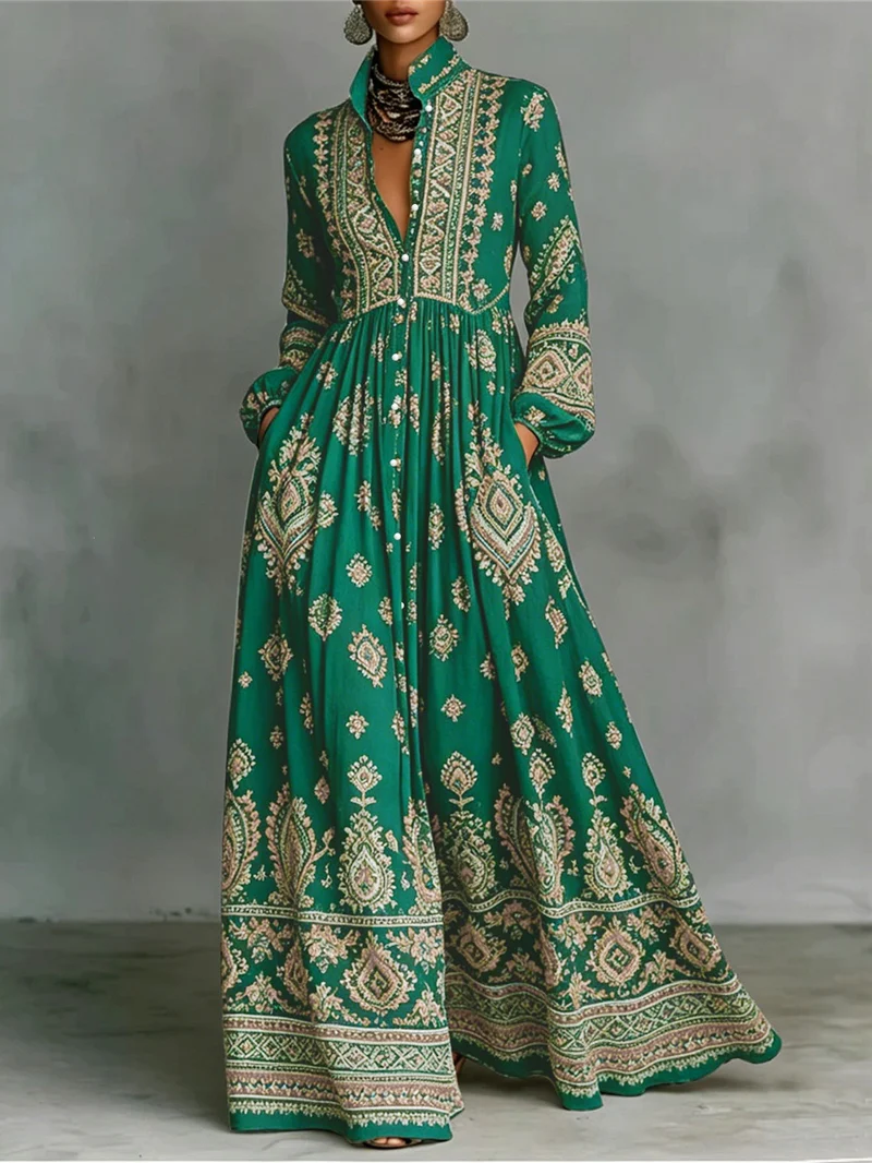 Damen Boho-Maxi-Hemdkleid mit Stickbordüren, hoher Stehkragen und Taschen Drune