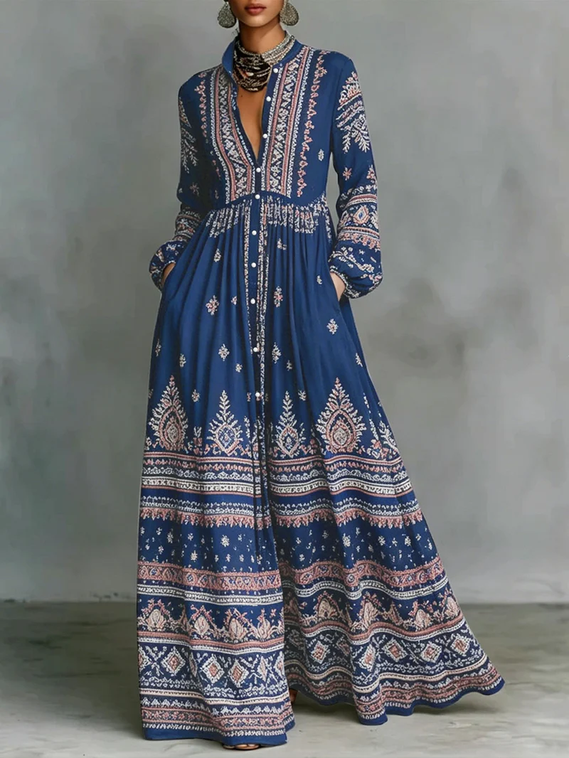 Damen Boho-Maxi-Hemdkleid mit Stickbordüren, hoher Stehkragen und Taschen Drune