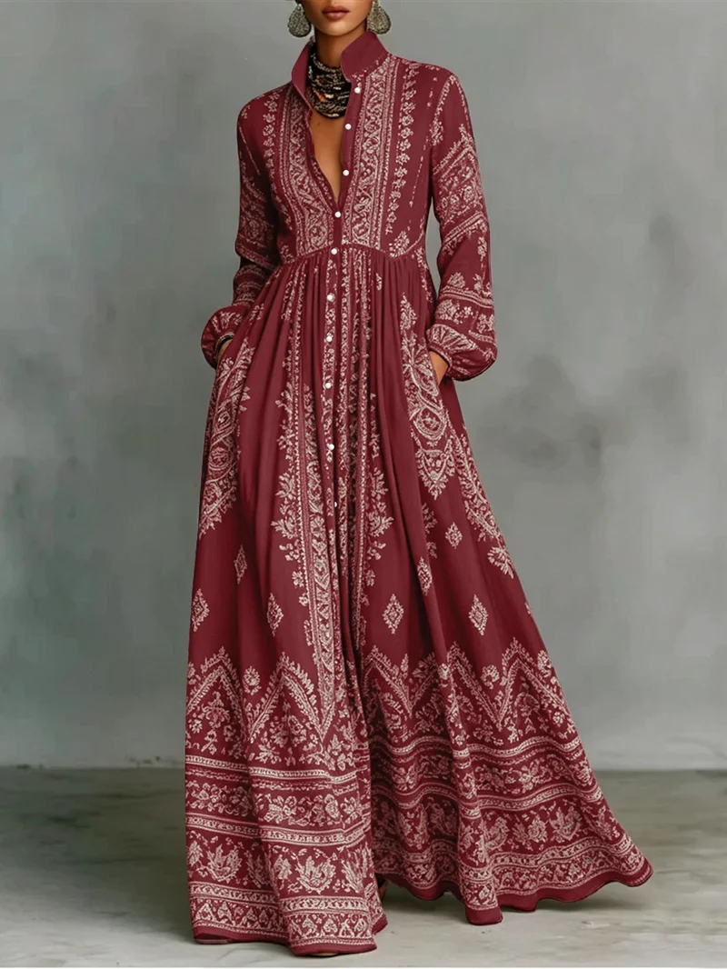 Damen Boho-Maxi-Hemdkleid mit Stickbordüren, hoher Stehkragen und Taschen Drune