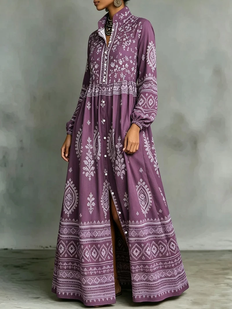 Damen Boho-Maxi-Hemdkleid mit Stickbordüren, hoher Stehkragen und Taschen Drune