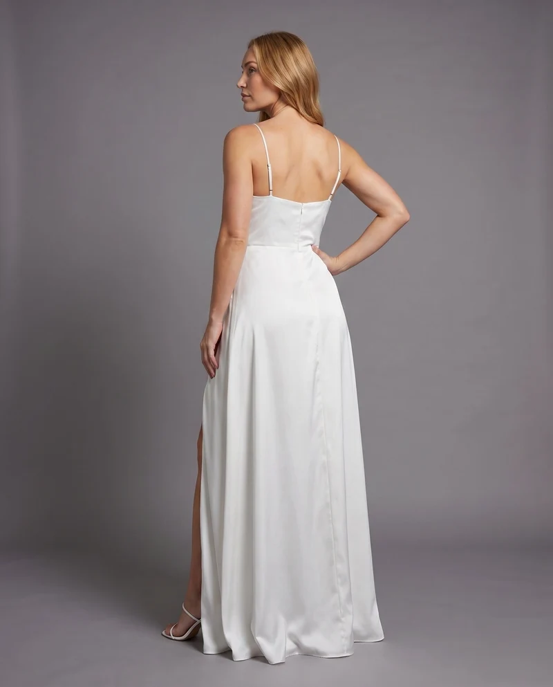 Damen Satin-Wickelmaxikleid Spaghettiträger Beinschlitz