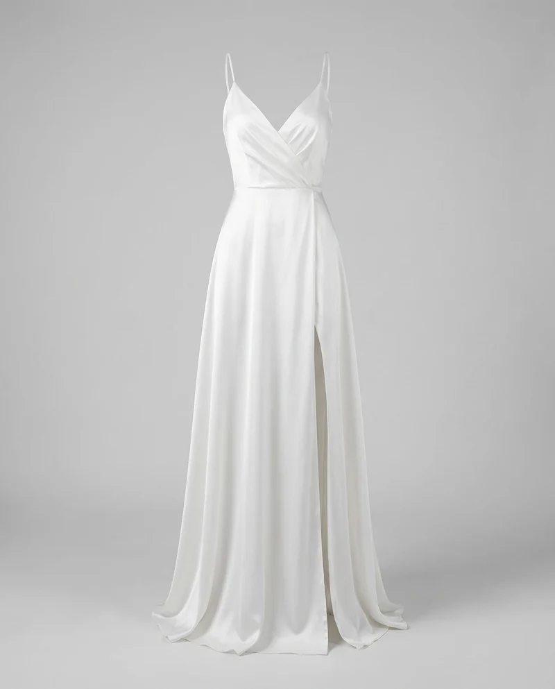 Damen Satin-Wickelmaxikleid Spaghettiträger Beinschlitz