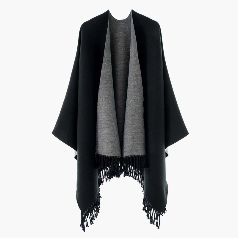 Damen Wendbarer Wollmix-Poncho mit Fransensaum und offener Front Drune