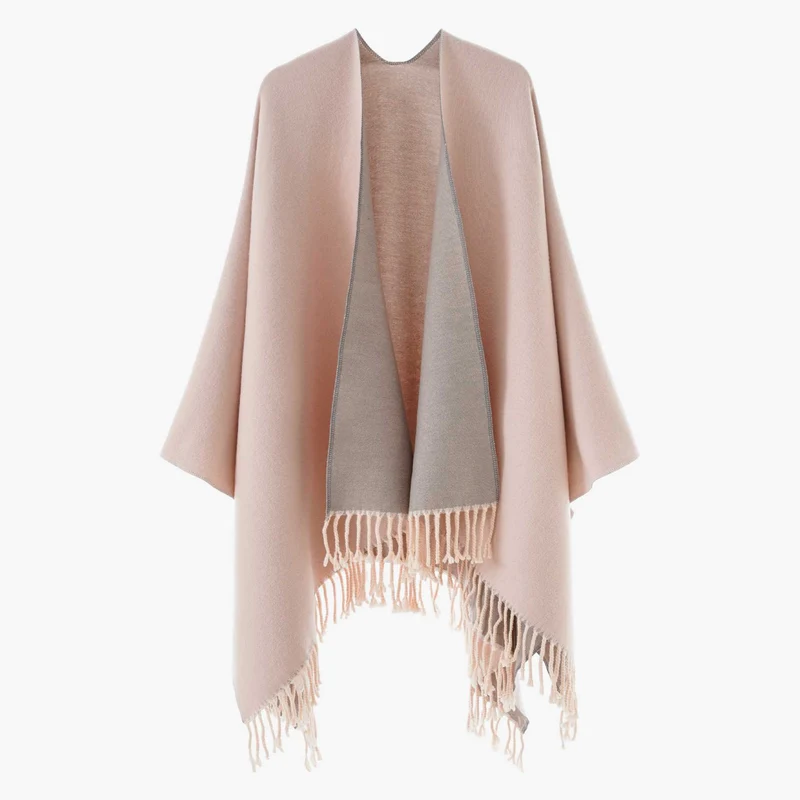 Damen Wendbarer Wollmix-Poncho mit Fransensaum und offener Front Drune