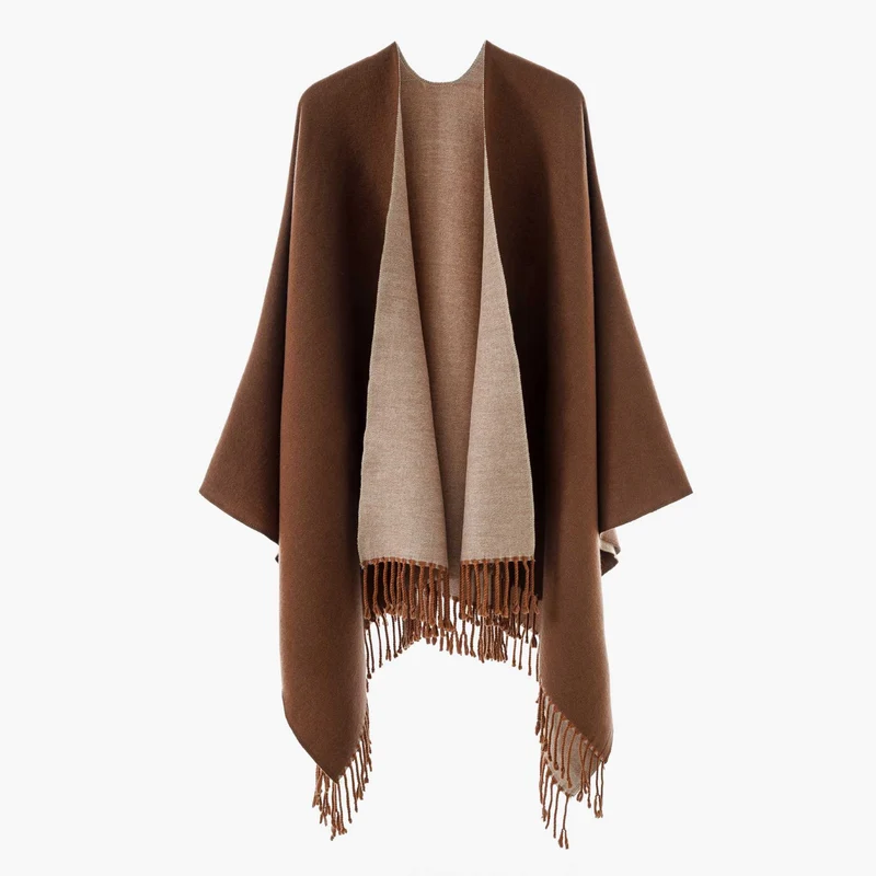 Damen Wendbarer Wollmix-Poncho mit Fransensaum und offener Front Drune