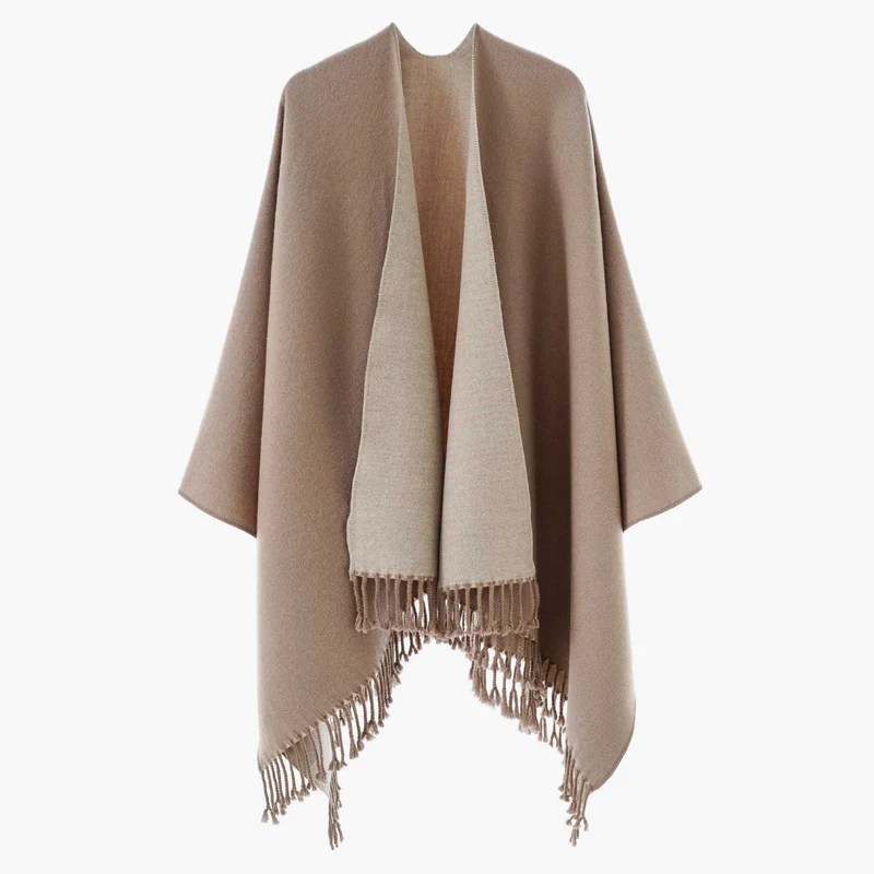 Damen Wendbarer Wollmix-Poncho mit Fransensaum und offener Front Drune