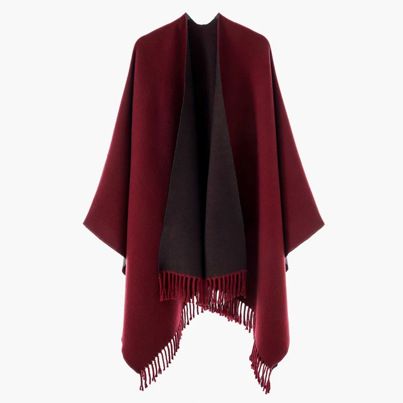 Damen Wendbarer Wollmix-Poncho mit Fransensaum und offener Front Drune
