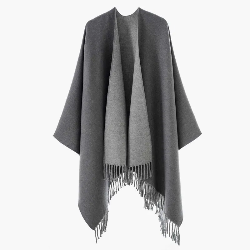Damen Wendbarer Wollmix-Poncho mit Fransensaum und offener Front Drune