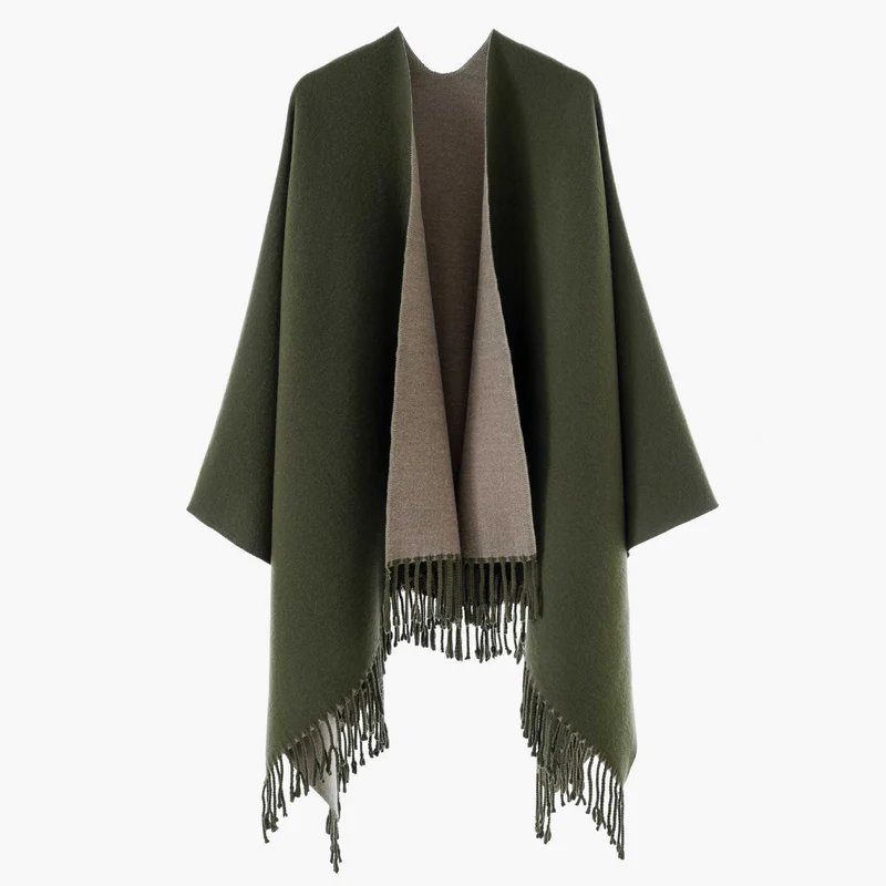 Damen Wendbarer Wollmix-Poncho mit Fransensaum und offener Front Drune