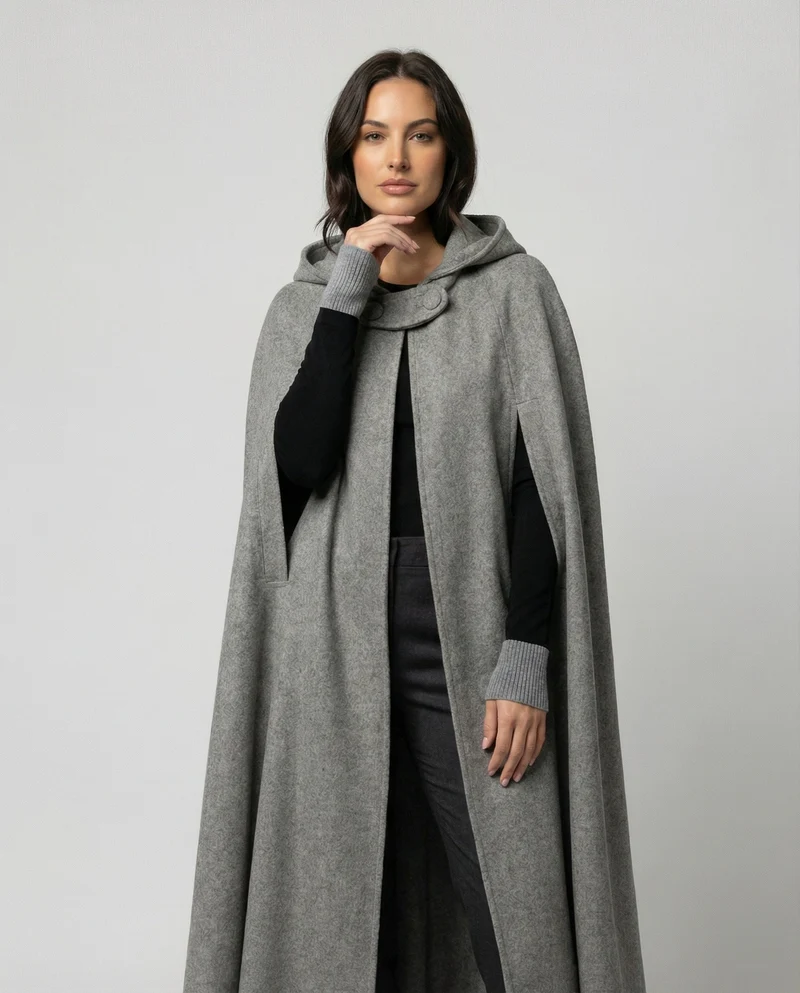 Damen modern geschnittener Umhang mit Kapuze Drune