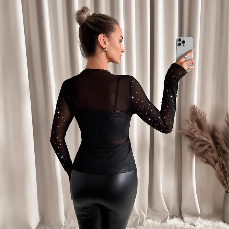 Damen nan transparentes Langarm-Netzshirt mit Strassapplikationen und integriertem Untertop Drune