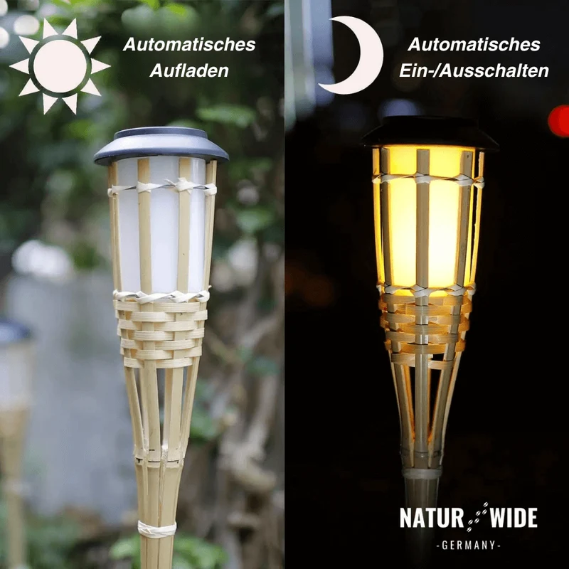 Solar Gartenfackel aus Bambus – LED Flammenlicht