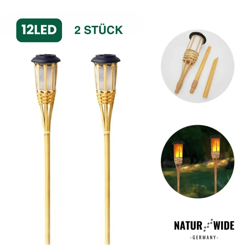 Solar Gartenfackel aus Bambus – LED Flammenlicht