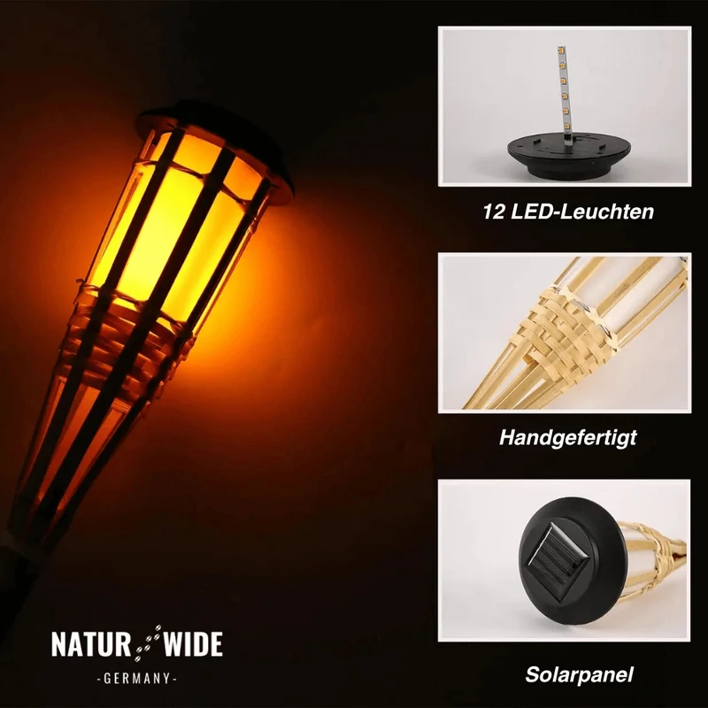 Solar Gartenfackel aus Bambus – LED Flammenlicht