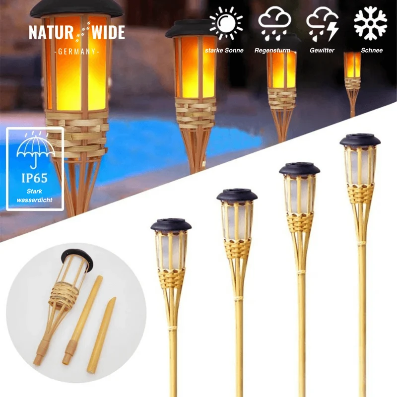 Solar Gartenfackel aus Bambus – LED Flammenlicht