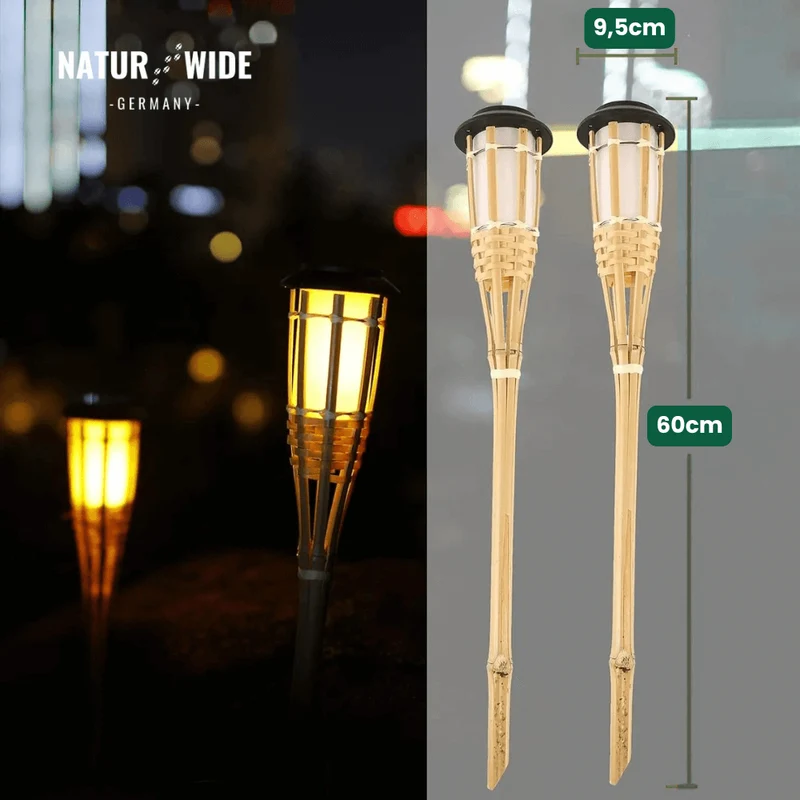 Solar Gartenfackel aus Bambus – LED Flammenlicht