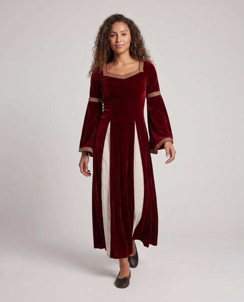 Damen Historisches Samtkleid mit weit ausgestellten Ärmeln und dekorativem Kragen Drune