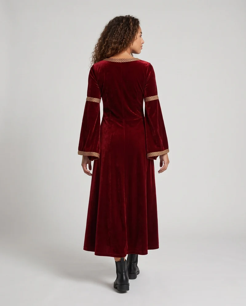Damen Historisches Samtkleid mit weit ausgestellten Ärmeln und dekorativem Kragen Drune