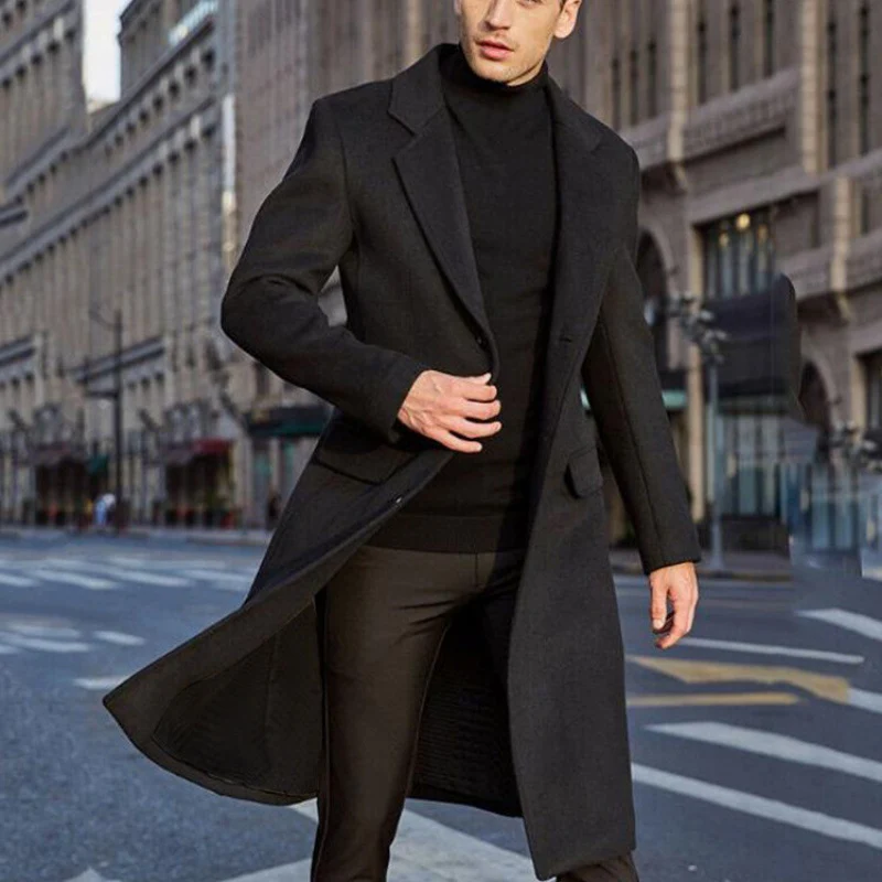 Herren eleganter Wollmantel im klassischen Schnitt mit tiefem Revers Drune