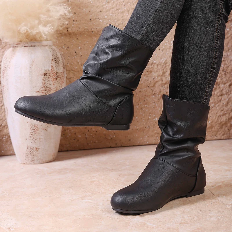 Damen nan weiche Slouch-Stiefel mit flacher Laufsohle und gerafftem Schaft Drune