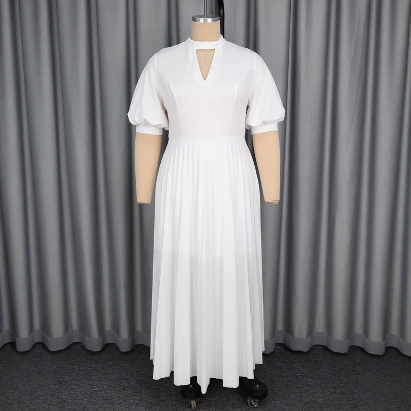 Damen elegantes Maxikleid mit plissiertem Rock und modischem Schlüssel-Ausschnitt Drune